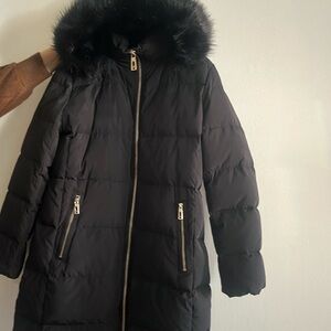 Women's Black Puffer Coat with Fur Hood